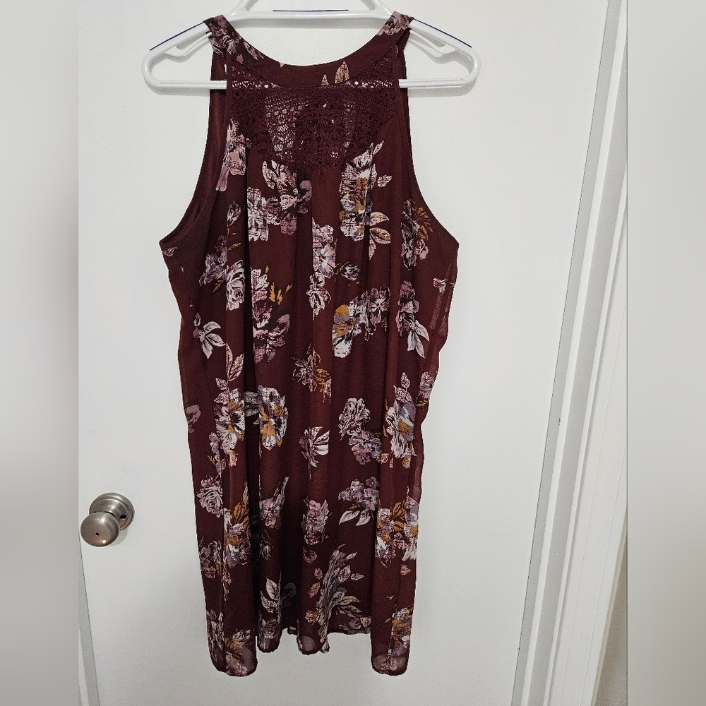 Maurices Burgundy Floral Lace Yoke Sleeveless Tunic Dress